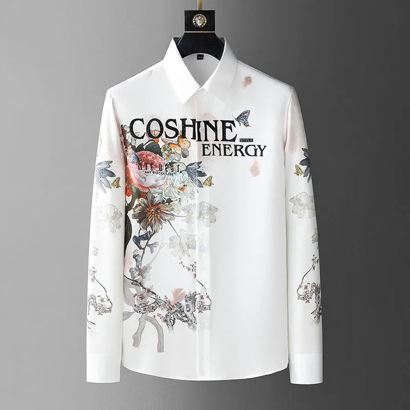 Men's Colorful Floral Pattern Animal Motif Turn-Down Collar Long Sleeve Shirt