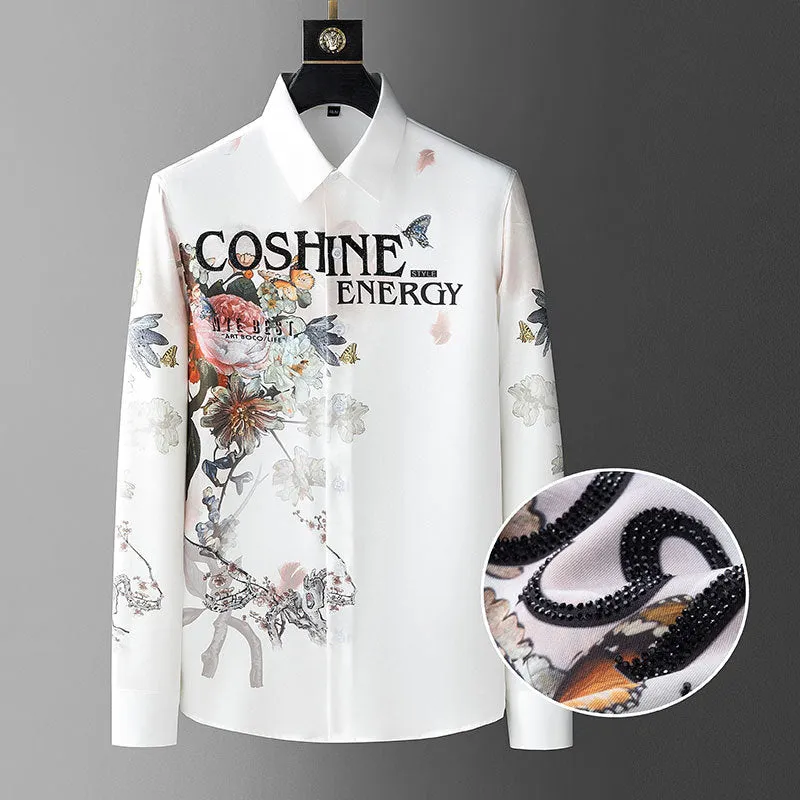 Men's Colorful Floral Pattern Animal Motif Turn-Down Collar Long Sleeve Shirt