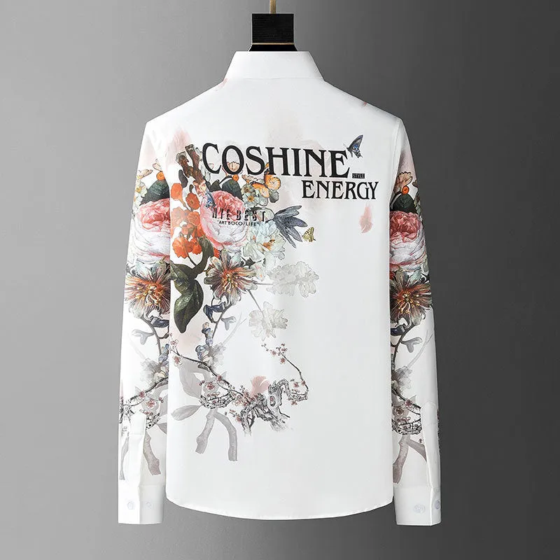 Men's Colorful Floral Pattern Animal Motif Turn-Down Collar Long Sleeve Shirt