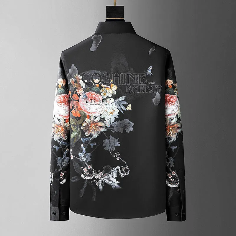 Men's Colorful Floral Pattern Animal Motif Turn-Down Collar Long Sleeve Shirt