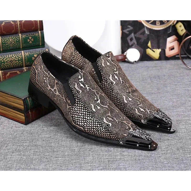 Men's Leather Snake Pattern Business Style Pointed Dress Shoes