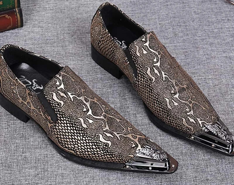 Men's Leather Snake Pattern Business Style Pointed Dress Shoes