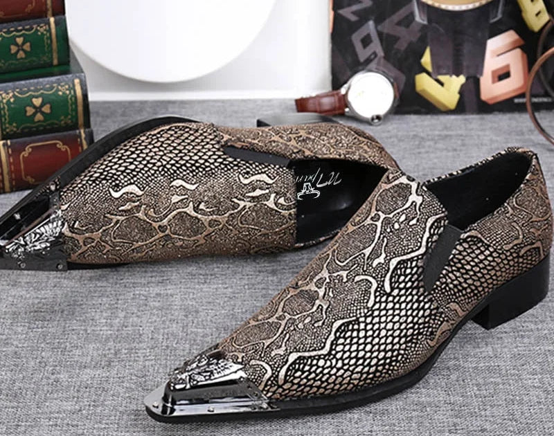 Men's Leather Snake Pattern Business Style Pointed Dress Shoes