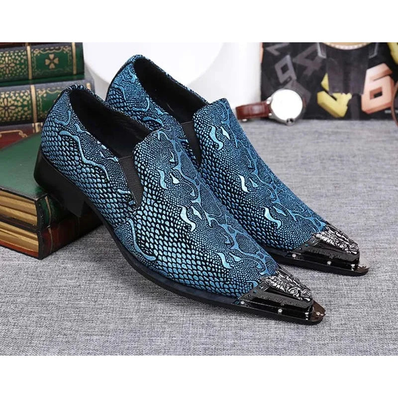 Men's Leather Snake Pattern Business Style Pointed Dress Shoes