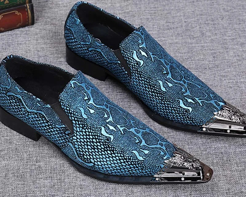 Men's Leather Snake Pattern Business Style Pointed Dress Shoes