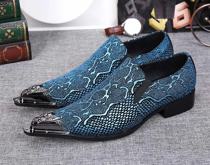 Men's Leather Snake Pattern Business Style Pointed Dress Shoes