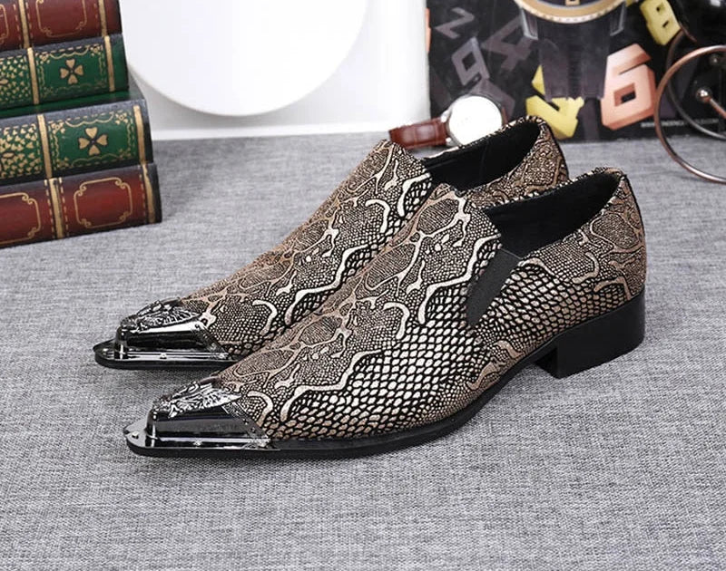 Men's Leather Snake Pattern Business Style Pointed Dress Shoes