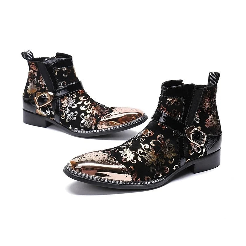 Men's Rock Black Gold Genuine Leather Motorcycle Party Ankle Boots