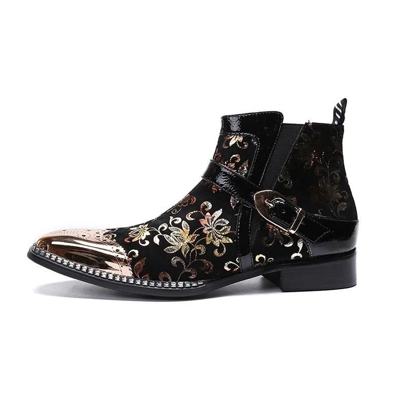 Men's Rock Black Gold Genuine Leather Motorcycle Party Ankle Boots