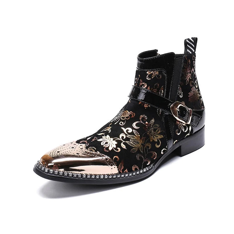 Men's Rock Black Gold Genuine Leather Motorcycle Party Ankle Boots