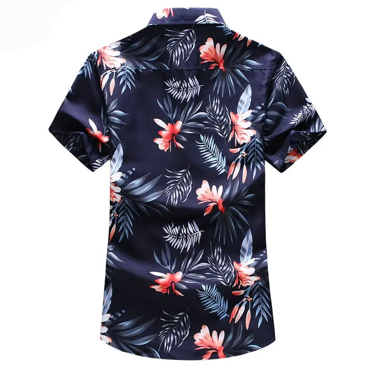 Men's Summer Floral Print Turn-down Collar Slim Fit Short Sleeve Shirt