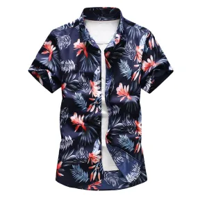 Men's Summer Floral Print Turn-down Collar Slim Fit Short Sleeve Shirt