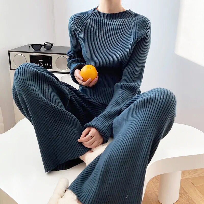 New autumn fashion split sweater set thickened knitted wide-leg pants two-piece women S4396924