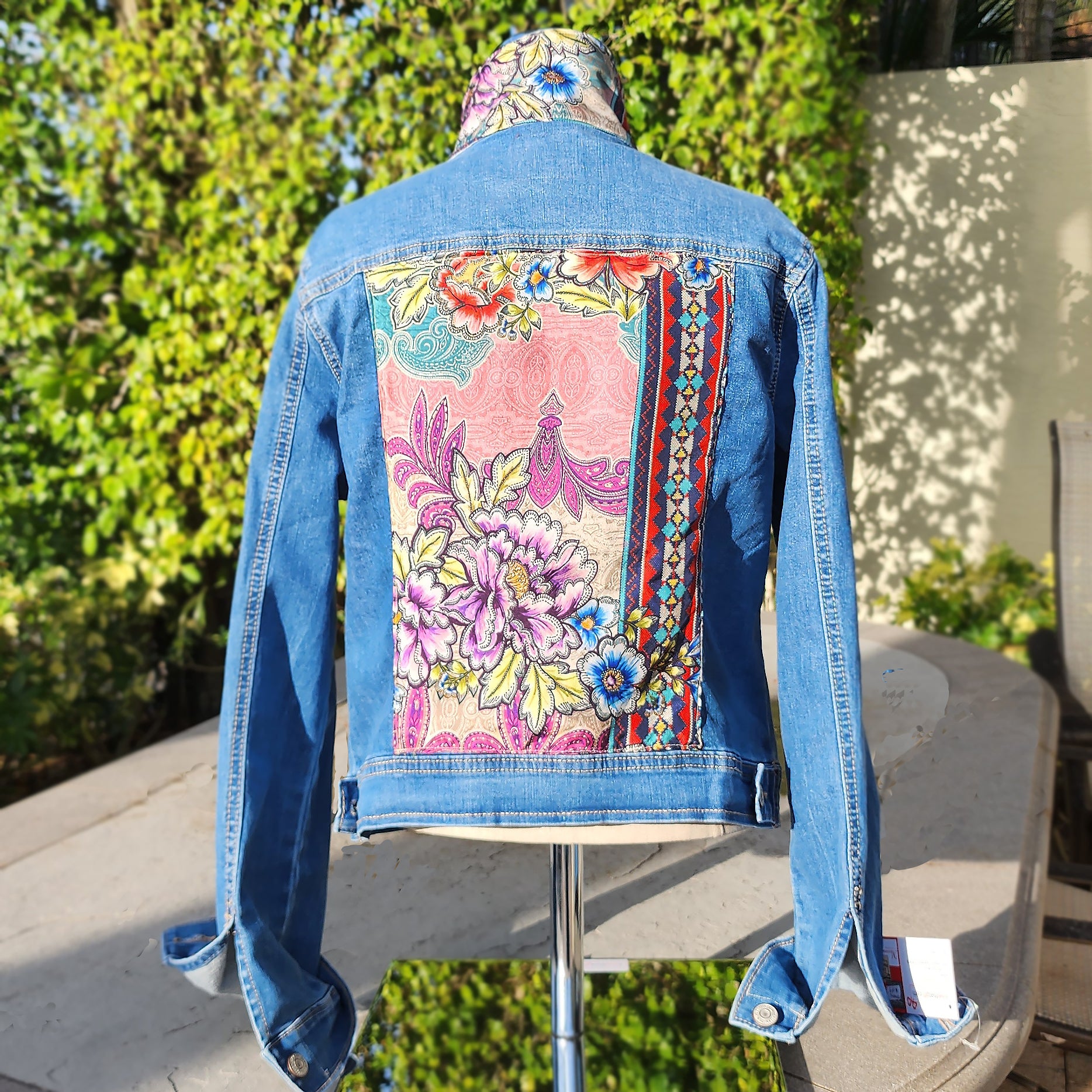 New Handmade Denim Jacket Silk Scarf Johnny Was Design for Woman