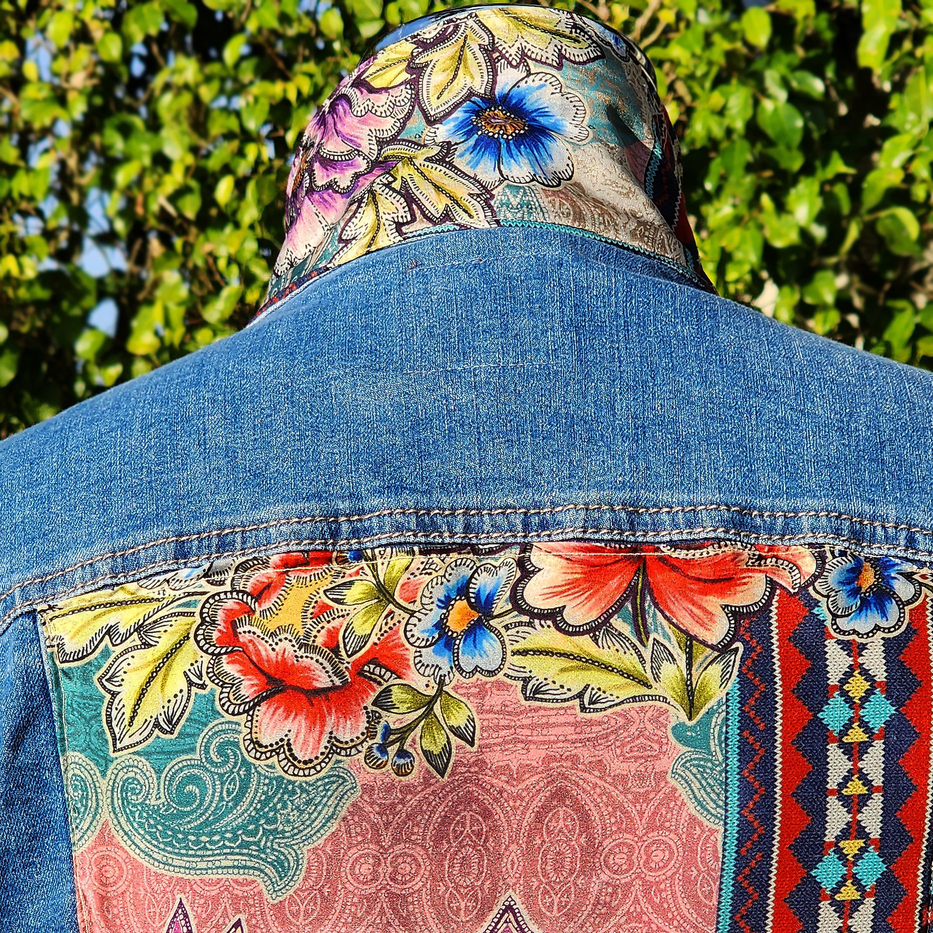 New Handmade Denim Jacket Silk Scarf Johnny Was Design for Woman