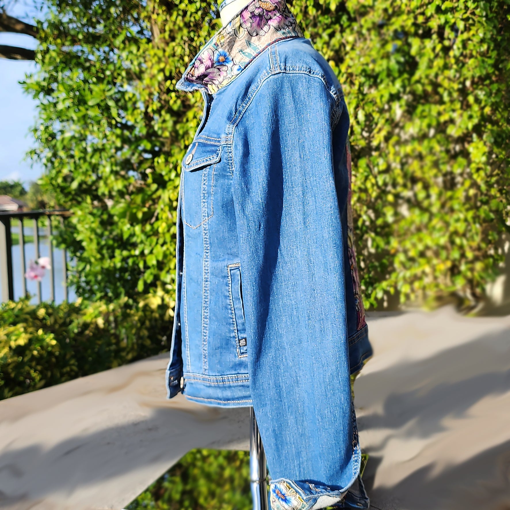 New Handmade Denim Jacket Silk Scarf Johnny Was Design for Woman