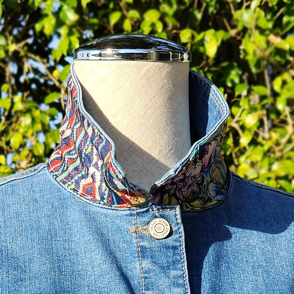 New Handmade Denim Jacket Silk Scarf Johnny Was Design for Woman