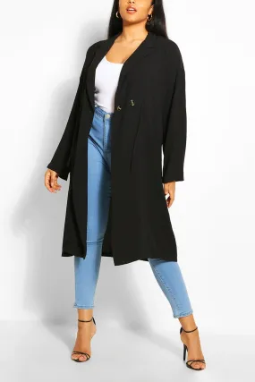 Plus Double Breasted Drawstring Waist Duster Coat