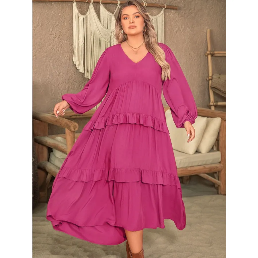 Plus Size Ruffled V-Neck Long Sleeve Dress