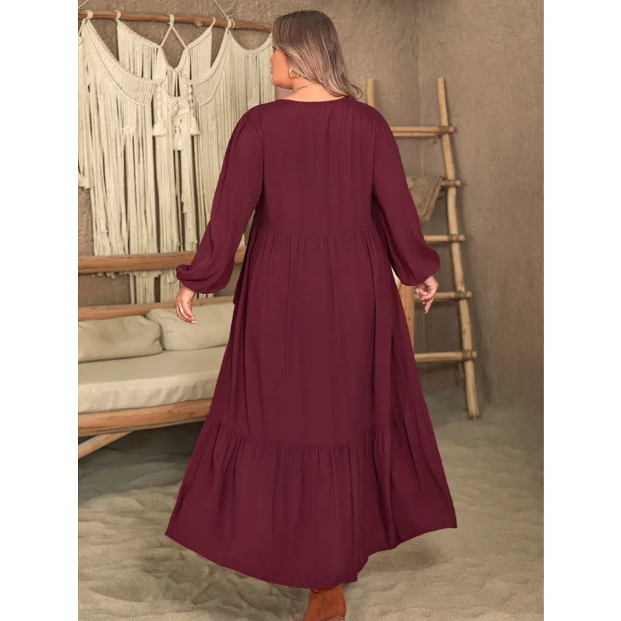 Plus Size Ruffled V-Neck Long Sleeve Dress