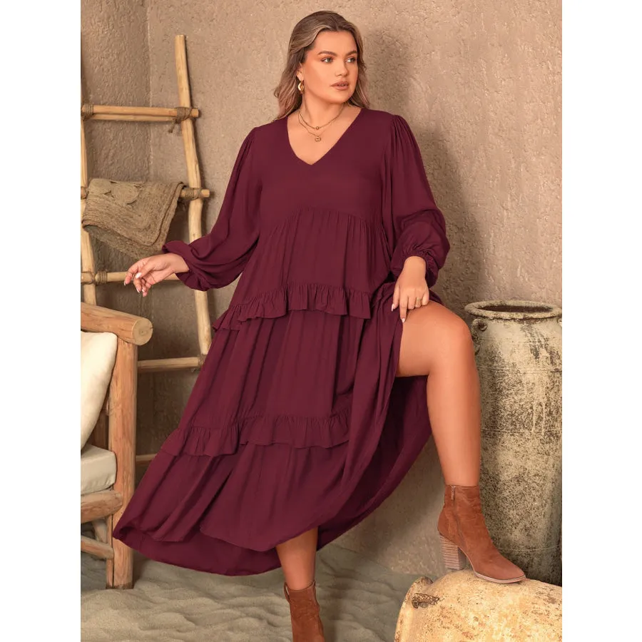 Plus Size Ruffled V-Neck Long Sleeve Dress