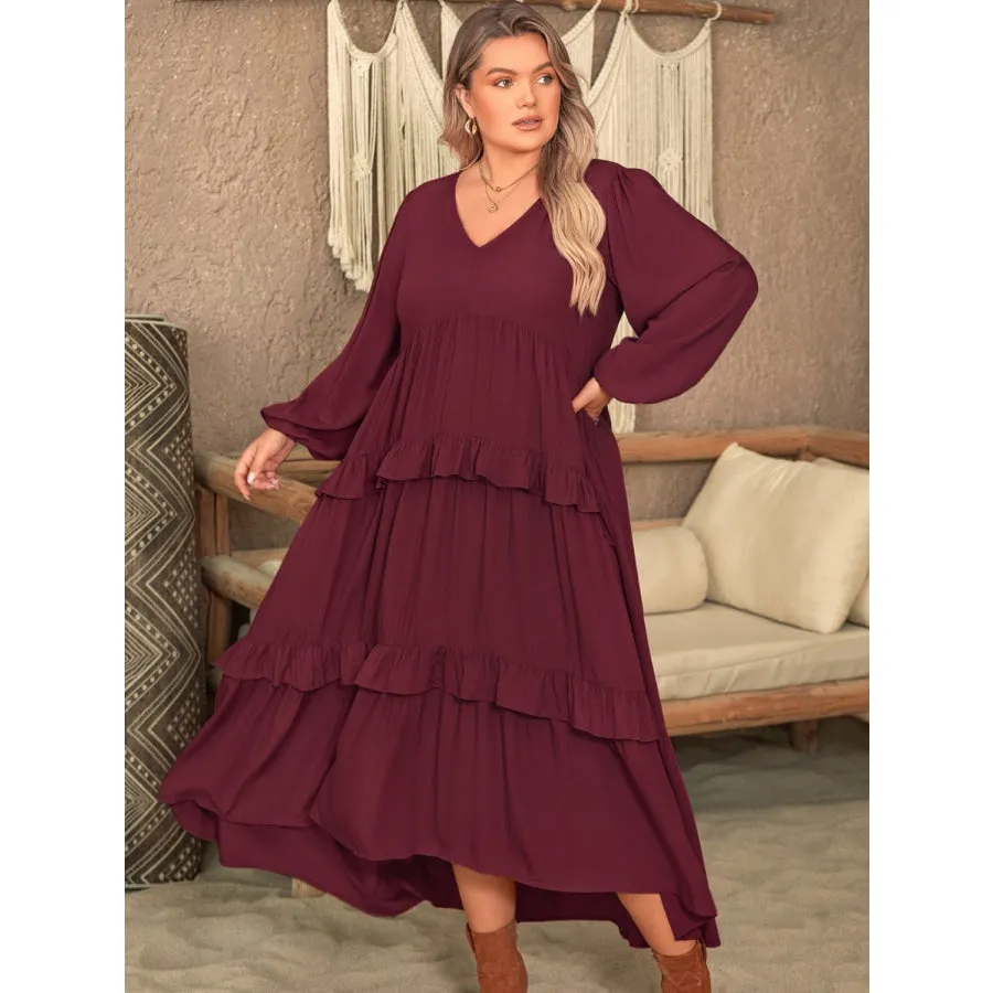 Plus Size Ruffled V-Neck Long Sleeve Dress