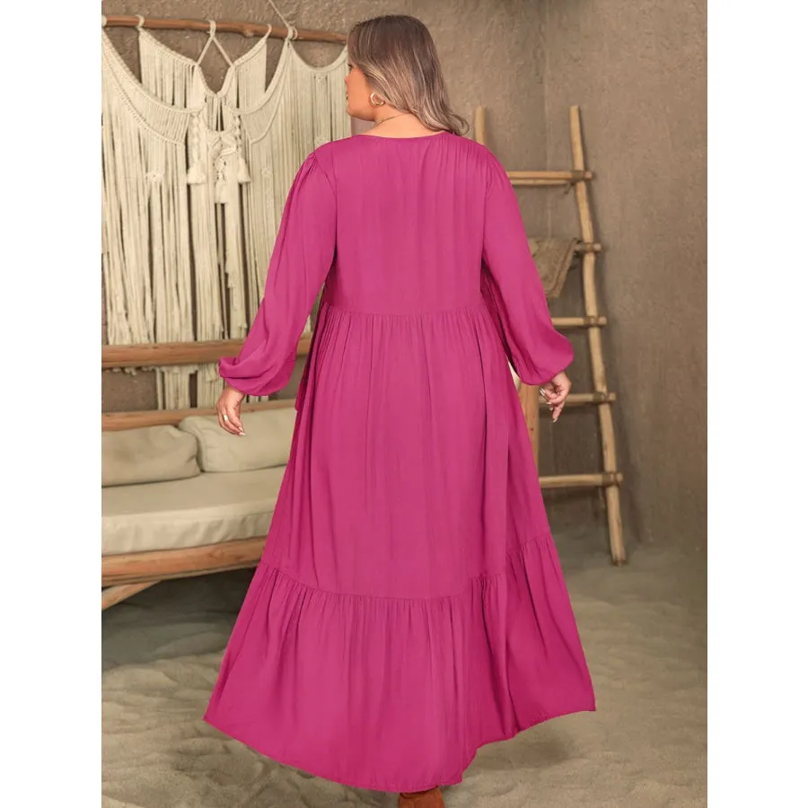 Plus Size Ruffled V-Neck Long Sleeve Dress