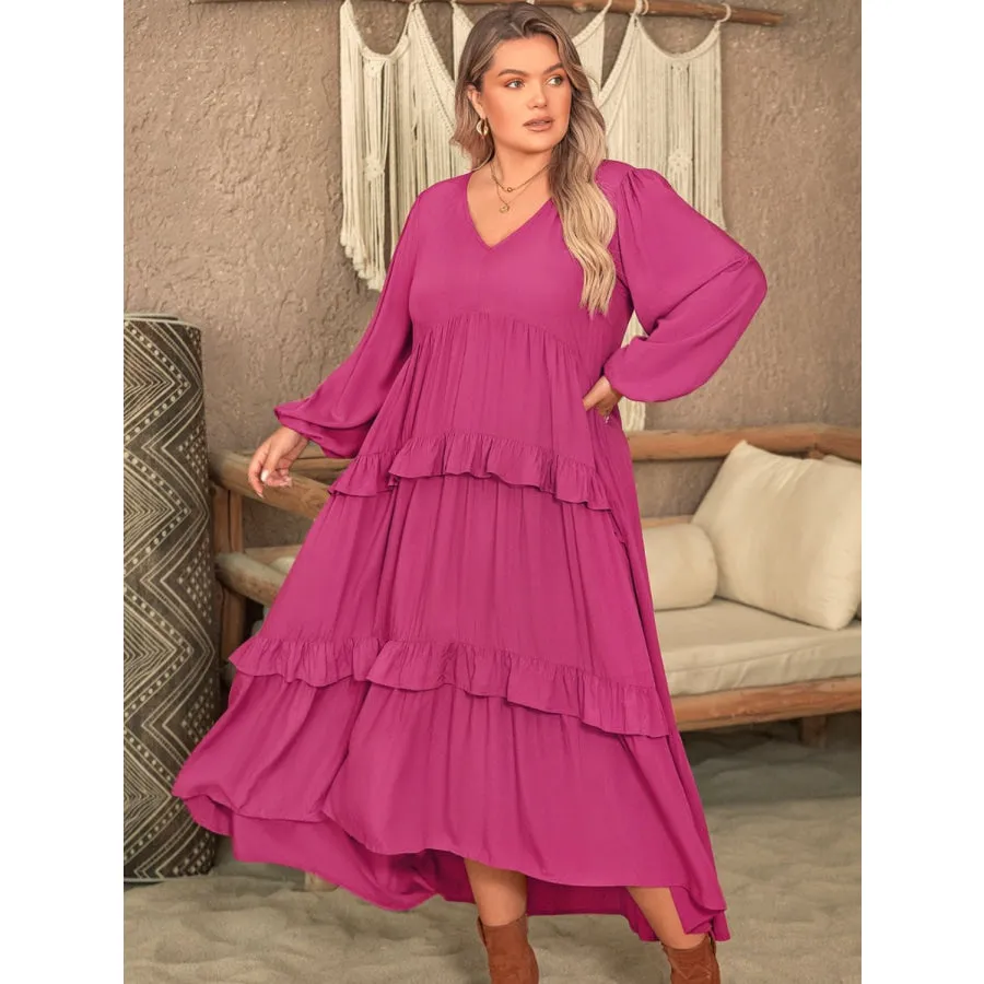 Plus Size Ruffled V-Neck Long Sleeve Dress