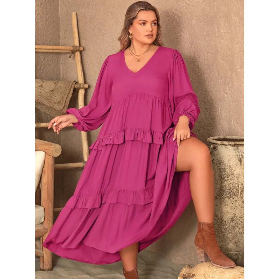 Plus Size Ruffled V-Neck Long Sleeve Dress