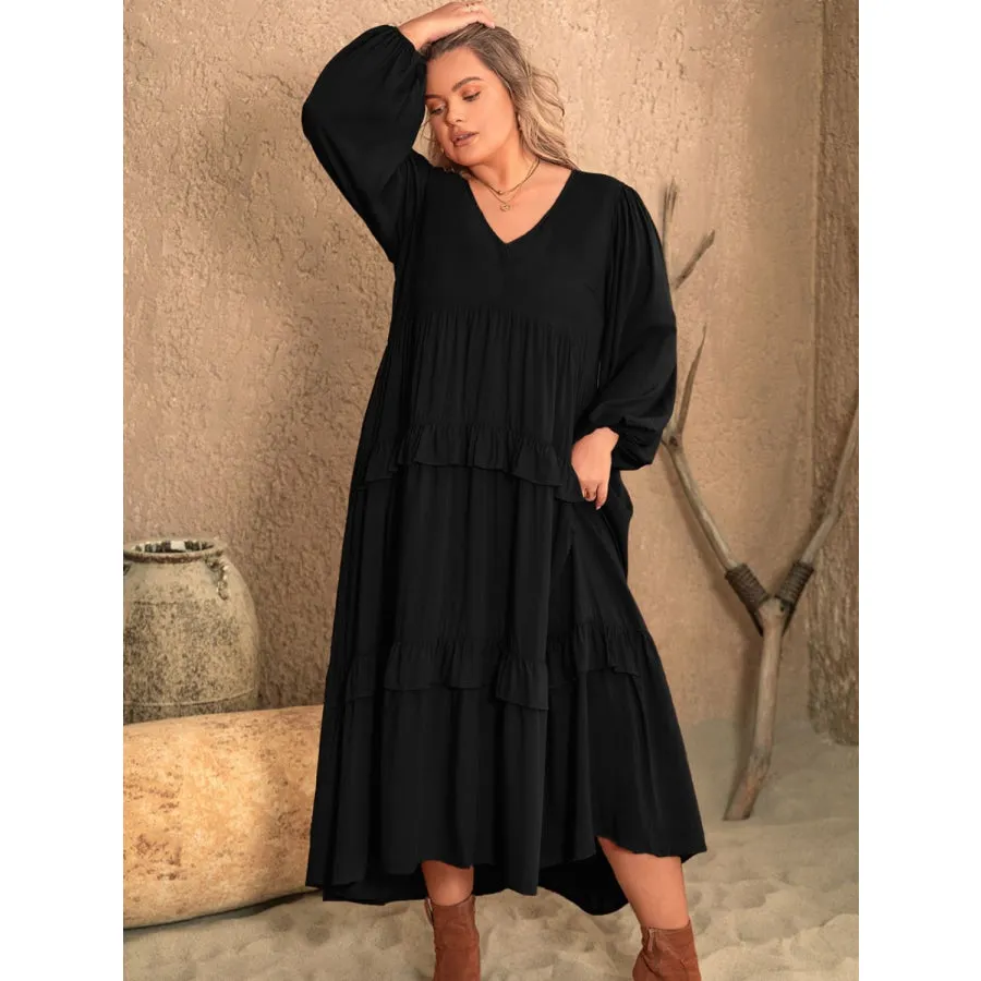 Plus Size Ruffled V-Neck Long Sleeve Dress