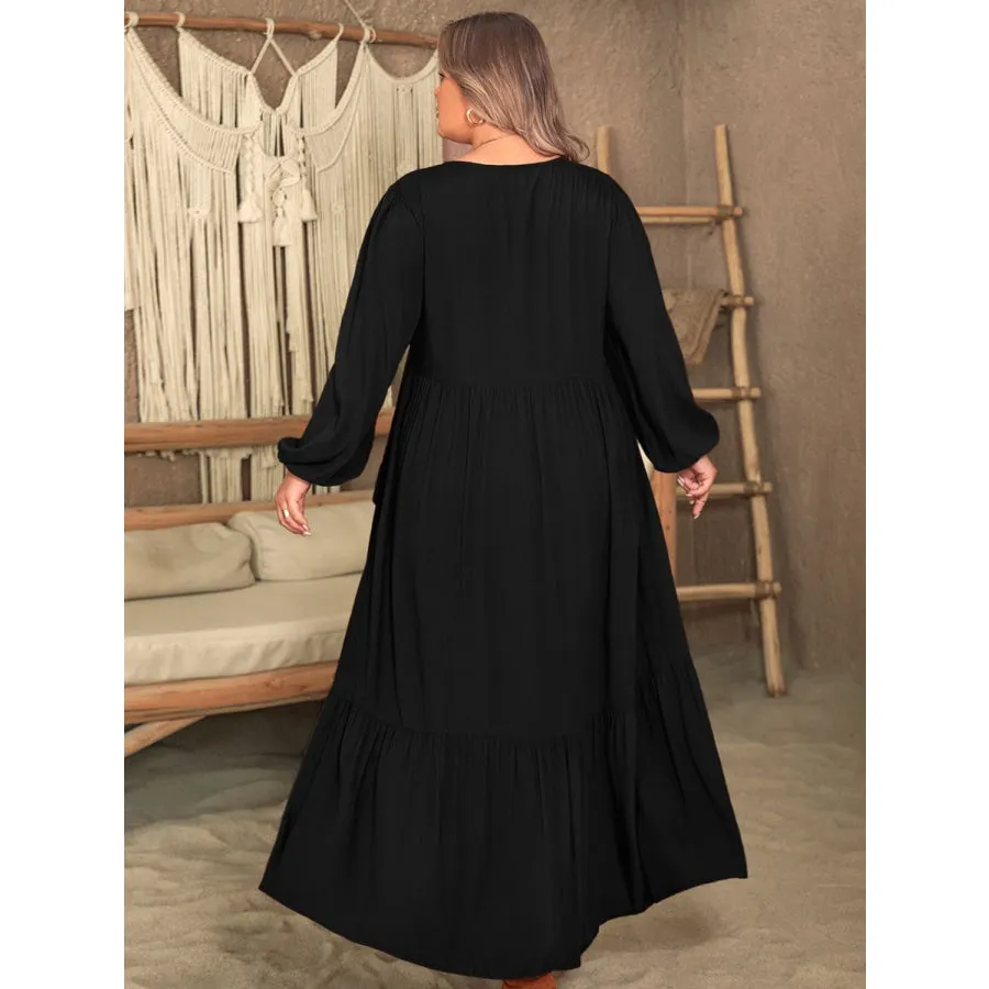 Plus Size Ruffled V-Neck Long Sleeve Dress