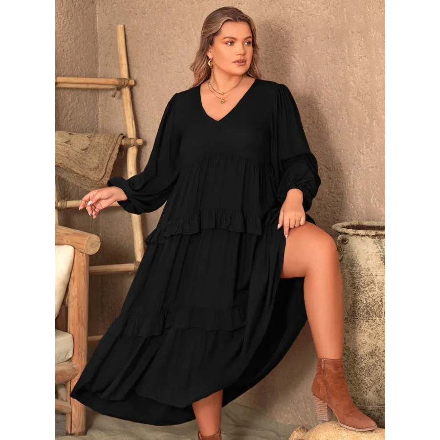 Plus Size Ruffled V-Neck Long Sleeve Dress