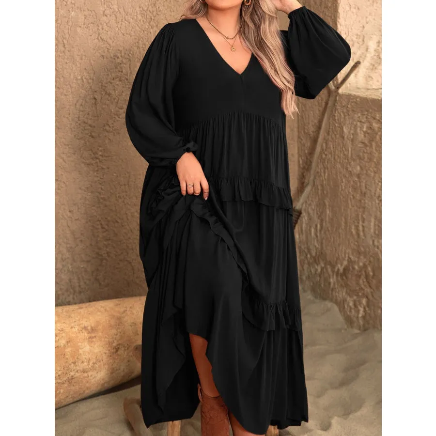 Plus Size Ruffled V-Neck Long Sleeve Dress