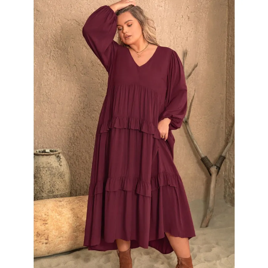 Plus Size Ruffled V-Neck Long Sleeve Dress