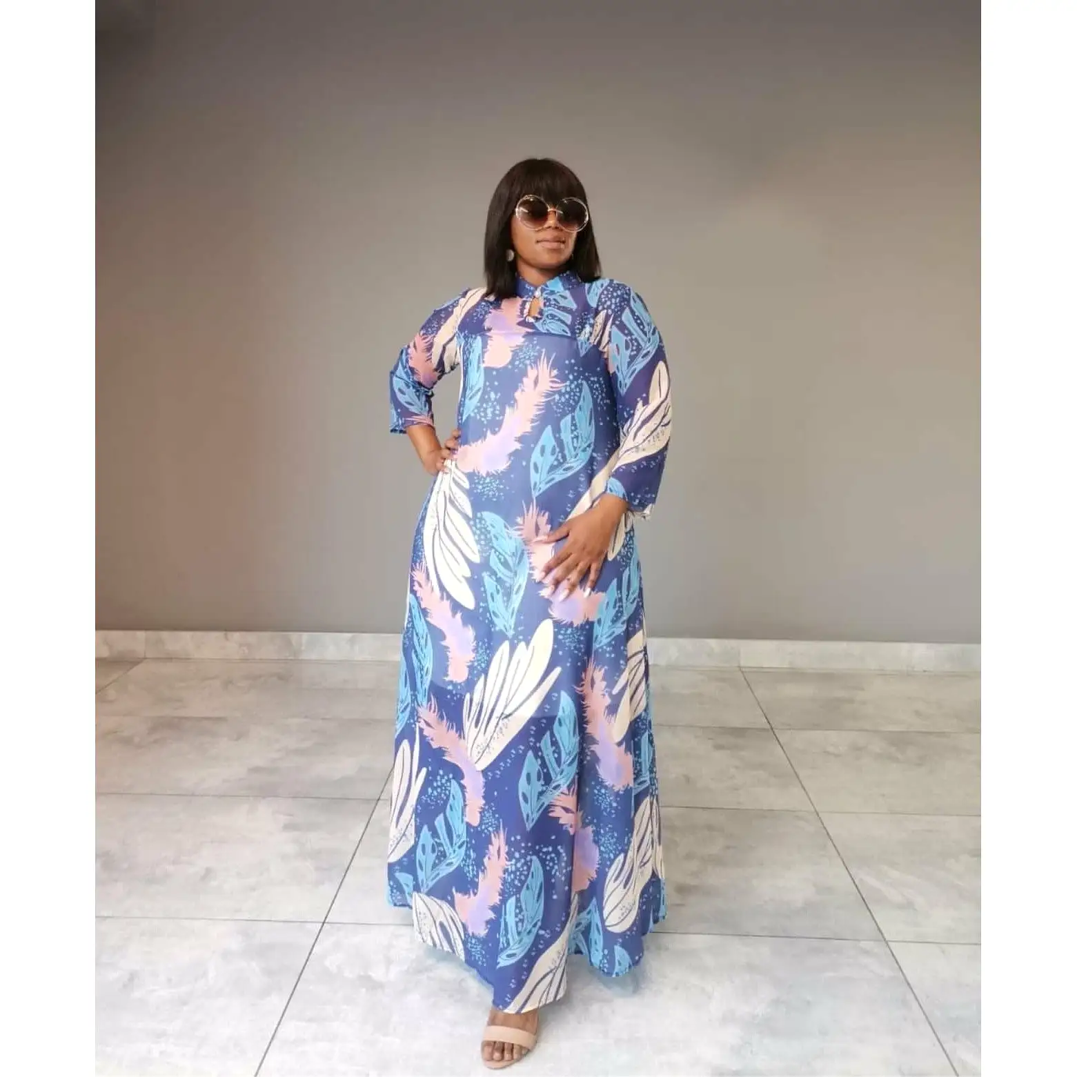 Printed 3/4 Sleeve Vintage Elegant Maxi Dress