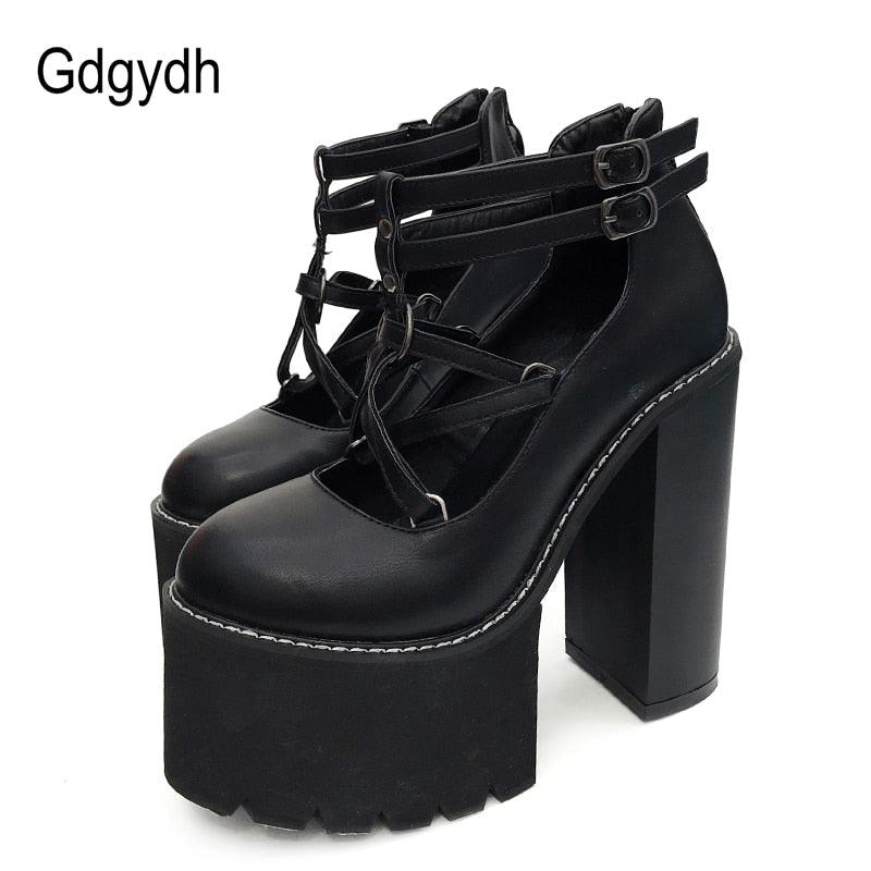 Pumps High Heels Zipper Rubber Sole Black Platform Shoes