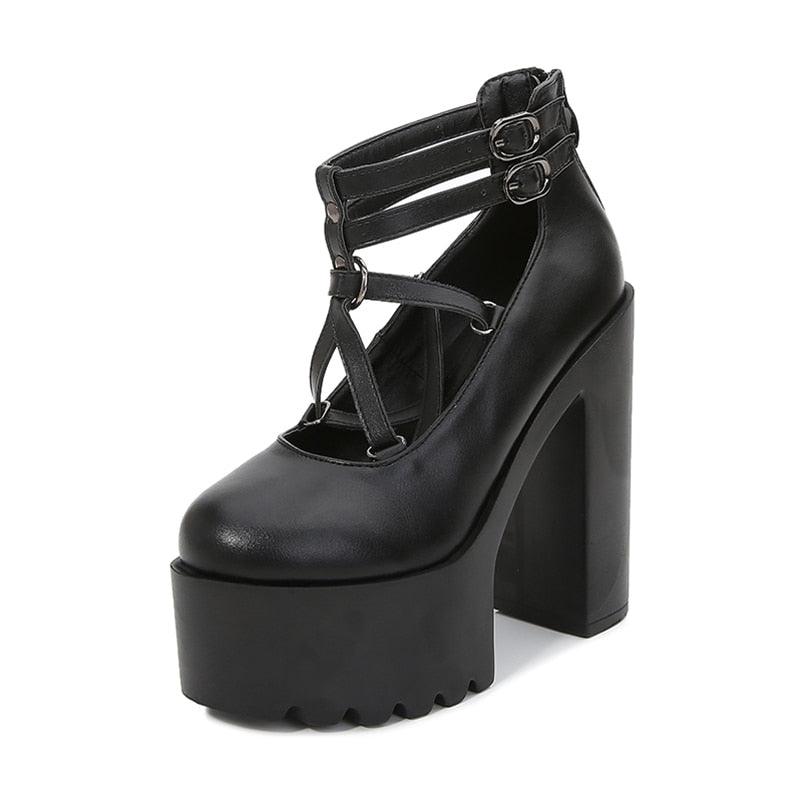 Pumps High Heels Zipper Rubber Sole Black Platform Shoes