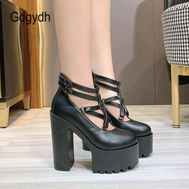 Pumps High Heels Zipper Rubber Sole Black Platform Shoes