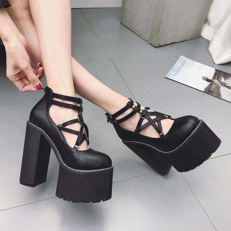 Pumps High Heels Zipper Rubber Sole Black Platform Shoes