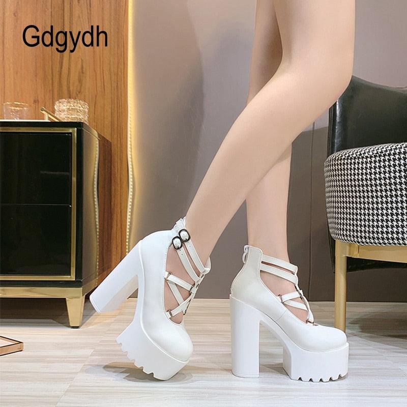 Pumps High Heels Zipper Rubber Sole Black Platform Shoes