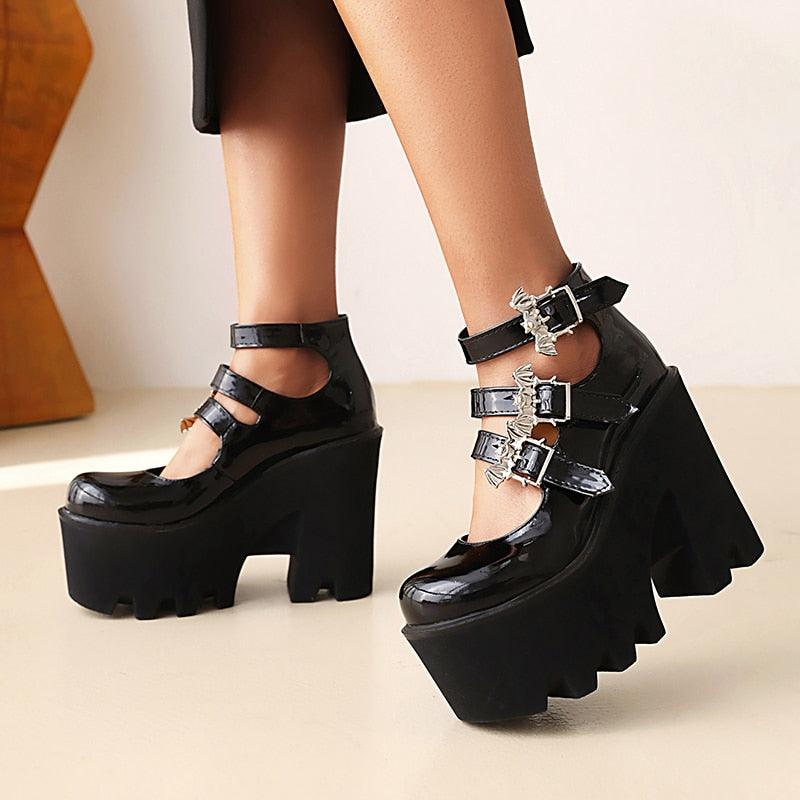 Punk Style Wedge Pumps Ultra-High Waterproof Platform Glossy Patent Leather