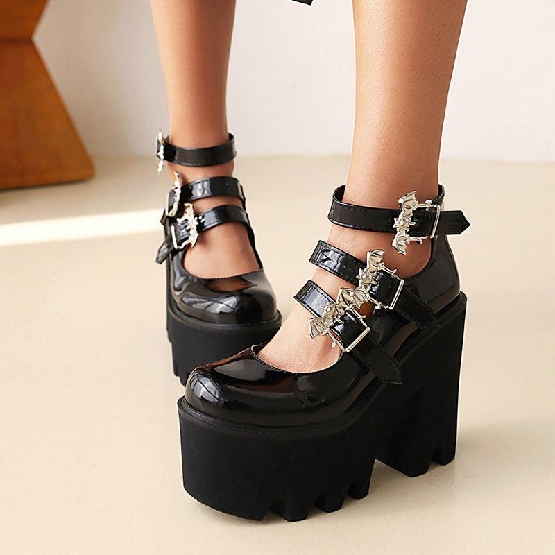 Punk Style Wedge Pumps Ultra-High Waterproof Platform Glossy Patent Leather