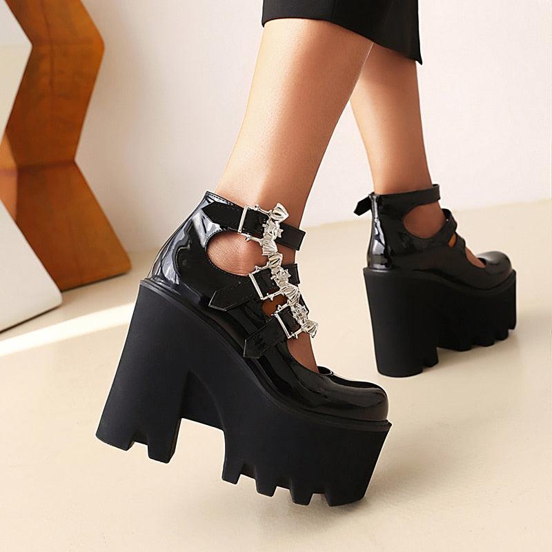 Punk Style Wedge Pumps Ultra-High Waterproof Platform Glossy Patent Leather