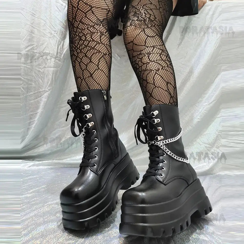 Sexy Gothic Black Boots for Women with High-Quality Leather, Chunky Heel, and Chain Detail