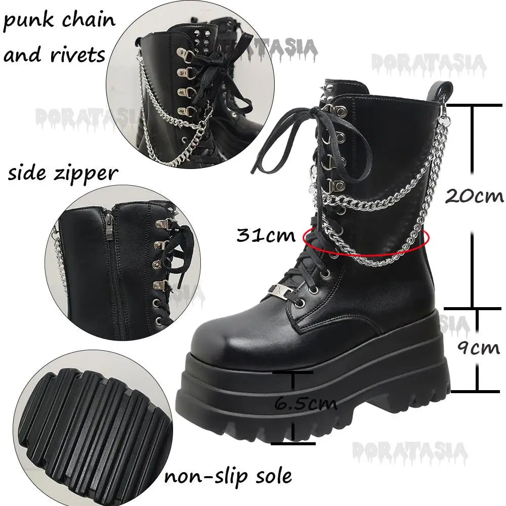 Sexy Gothic Black Boots for Women with High-Quality Leather, Chunky Heel, and Chain Detail