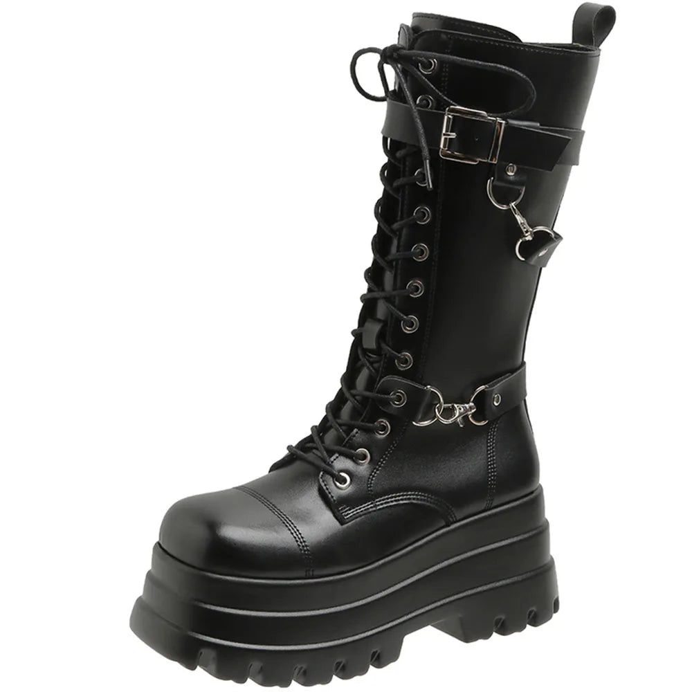 Sexy Gothic Black Boots for Women with High-Quality Leather, Chunky Heel, and Chain Detail