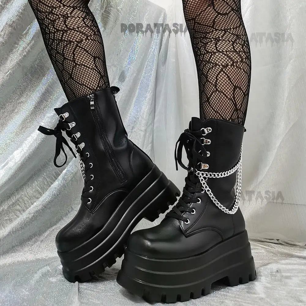 Sexy Gothic Black Boots for Women with High-Quality Leather, Chunky Heel, and Chain Detail