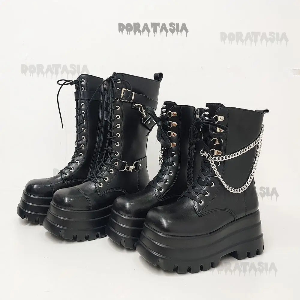 Sexy Gothic Black Boots for Women with High-Quality Leather, Chunky Heel, and Chain Detail