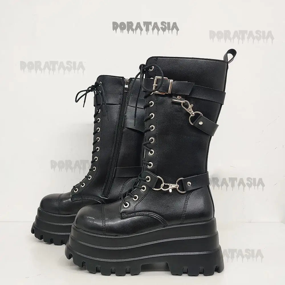 Sexy Gothic Black Boots for Women with High-Quality Leather, Chunky Heel, and Chain Detail