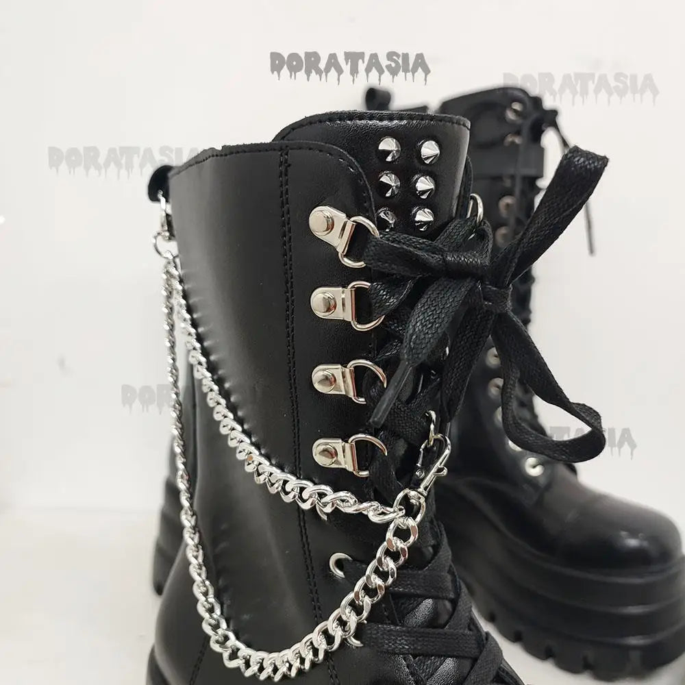 Sexy Gothic Black Boots for Women with High-Quality Leather, Chunky Heel, and Chain Detail